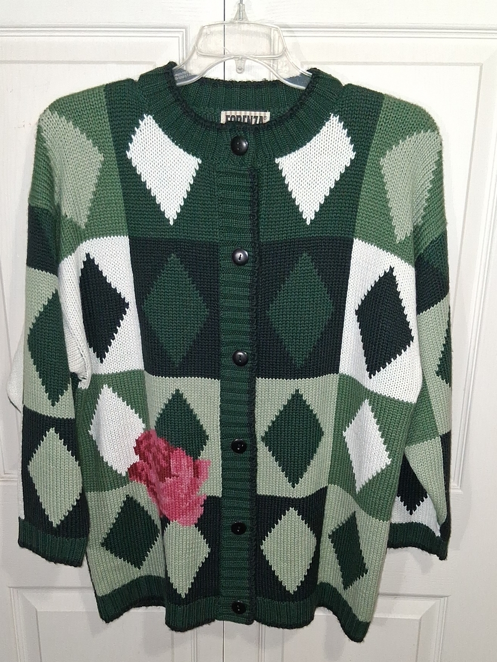 Vintage Forenza Argyle Diamond Wool Blend Knit Cardigan - Pink Rose Green - L